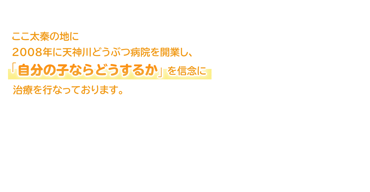 ここ太秦の地に2008年に天神川どうぶつ病院を開業し、「自分の子ならどうするか」を信念に治療を行っております。